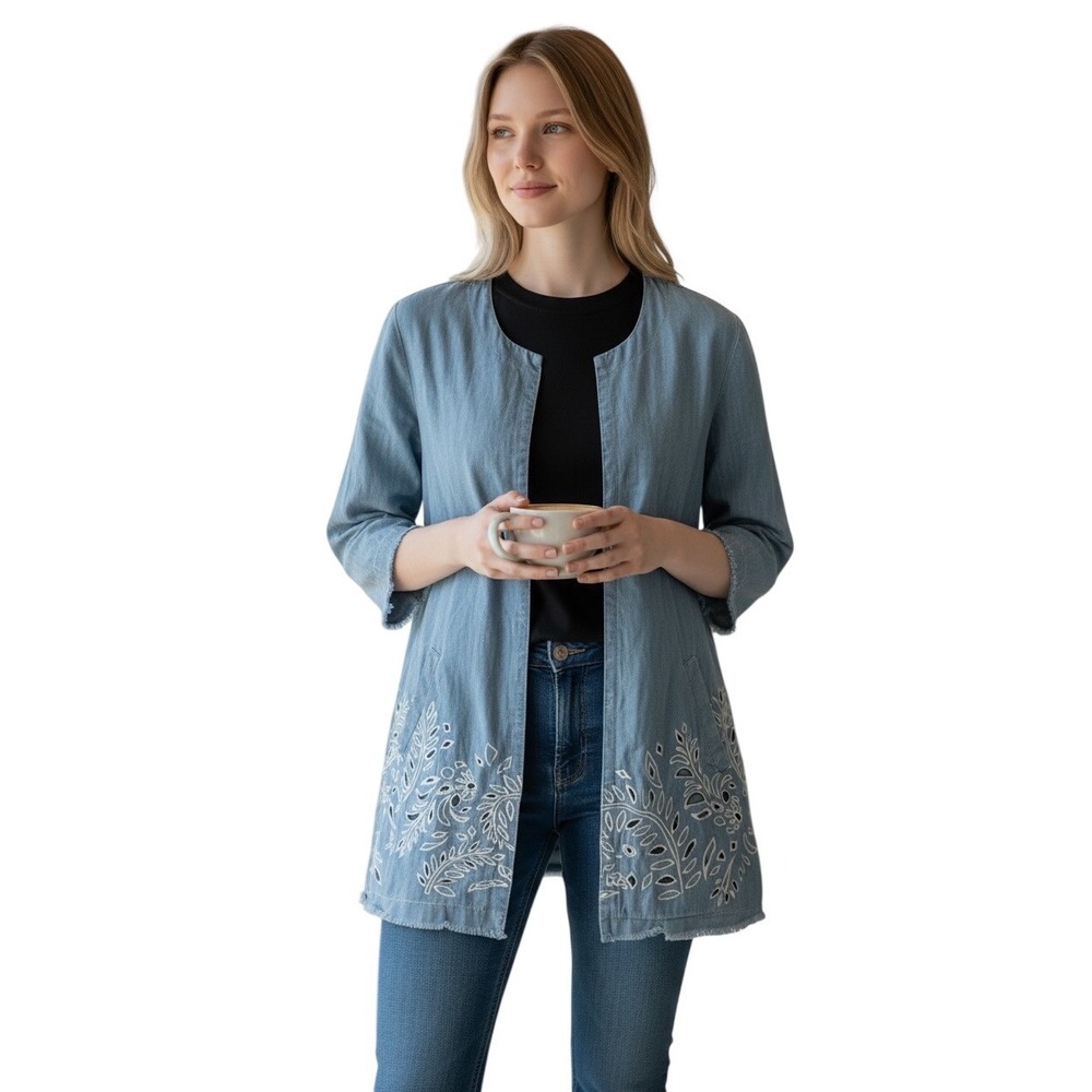 Chicos Chambray Denim Eyelet Fringe Duster Jacket 3/4 Sleeve Women Size 1 (M)